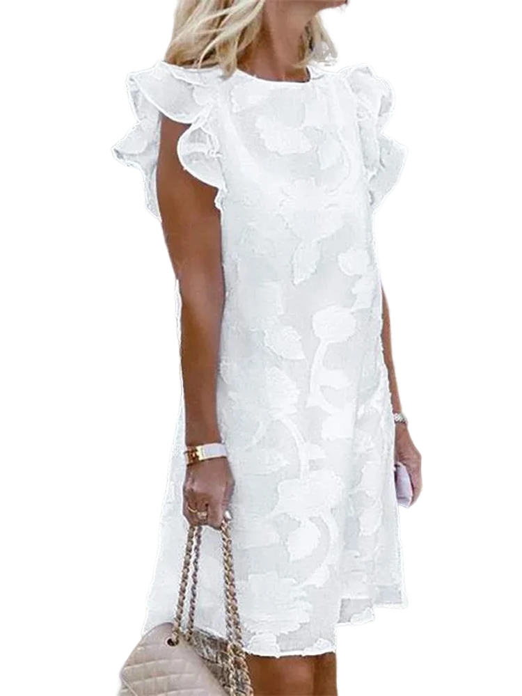 

Женский летний сарафан без рукавов с оборками, Стильное женское платье до колена с круглым вырезом, элегантное кружевное вязаное платье, кафтан
