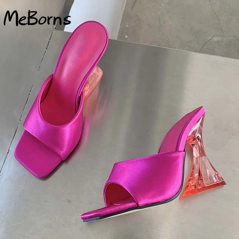 

2022 New Silk Green Women's Strange Style Transparent High Heels Slippers Square toe Female Sandalias de mujer