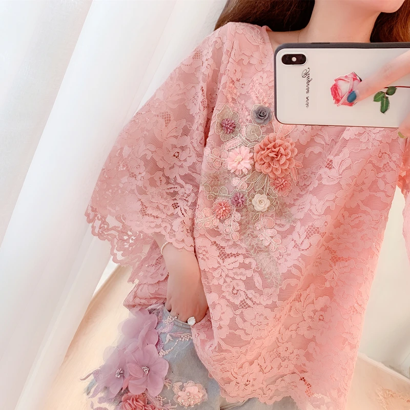 

Summer Women's European Station Court French Trumpet Sleeve Three-dimensional Flower Loose Lace Chiffon Shirt