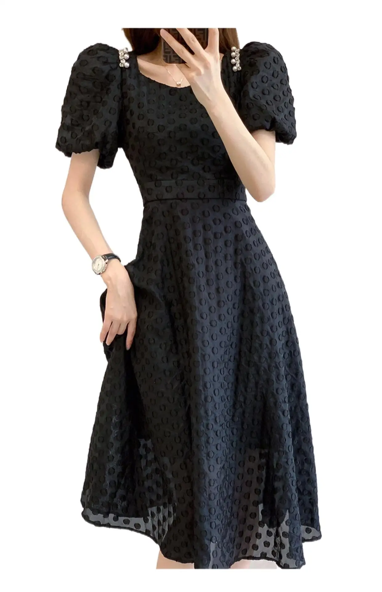 

2023 Women's Clothing Puff Sleeve Three-Dimensional Jacquard Waist Slimming Beaded Dress 0720