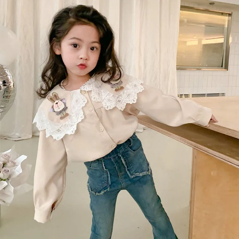 

Корейская детская одежда 2023, весеннее платье, рубашка с кроликом для девочек, Милая модель, топ для девочек 4-22