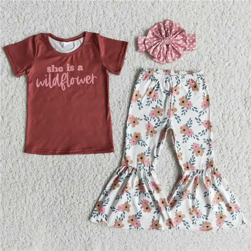

Baby Girl Clothes Letter Print Red Short Sleeve Top Colorful Flowers Bell Pants Set Fall Outfits RTS Children Clothing