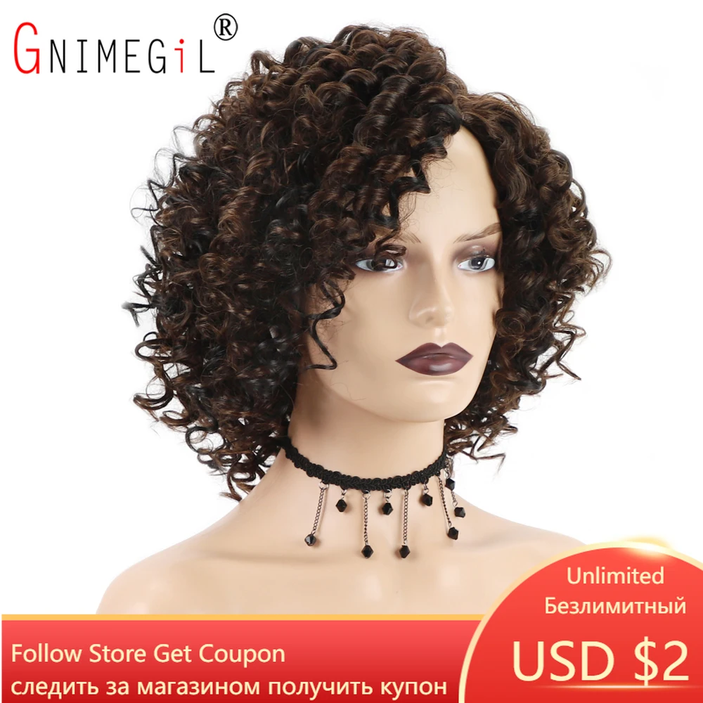 

GNIMEGIL Afro Curly Wigs for Black Women Synthetic Hair Replacement Natural Brown African American Short Hairstyles Wave Bob Wig