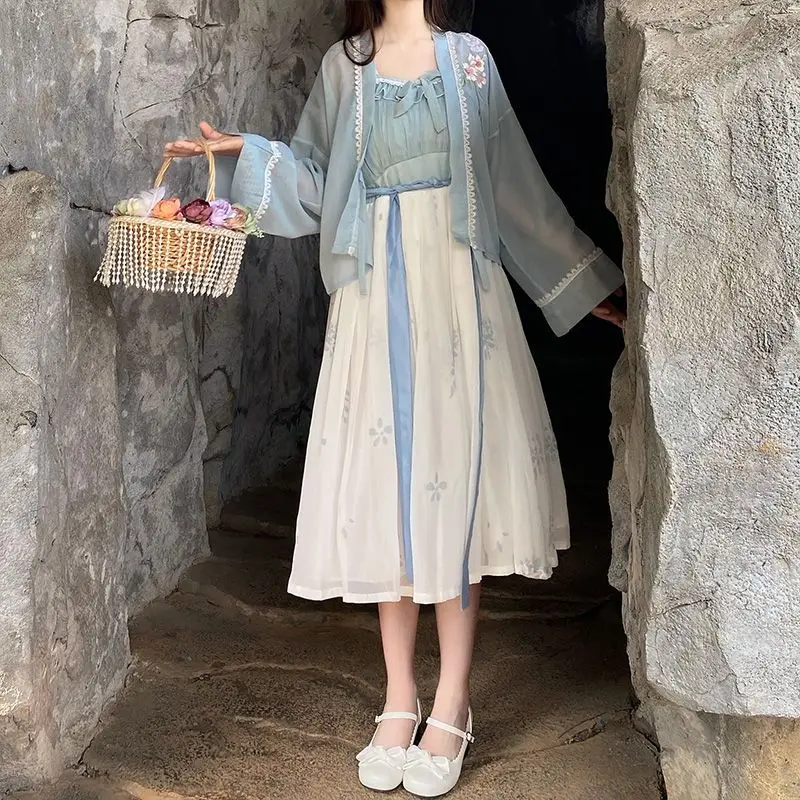 

2023 летнее оригинальное платье ханьфу с цветочной вышивкой и кардиганом, китайское платье для женщин, милые улучшенные сказочные платья принцессы