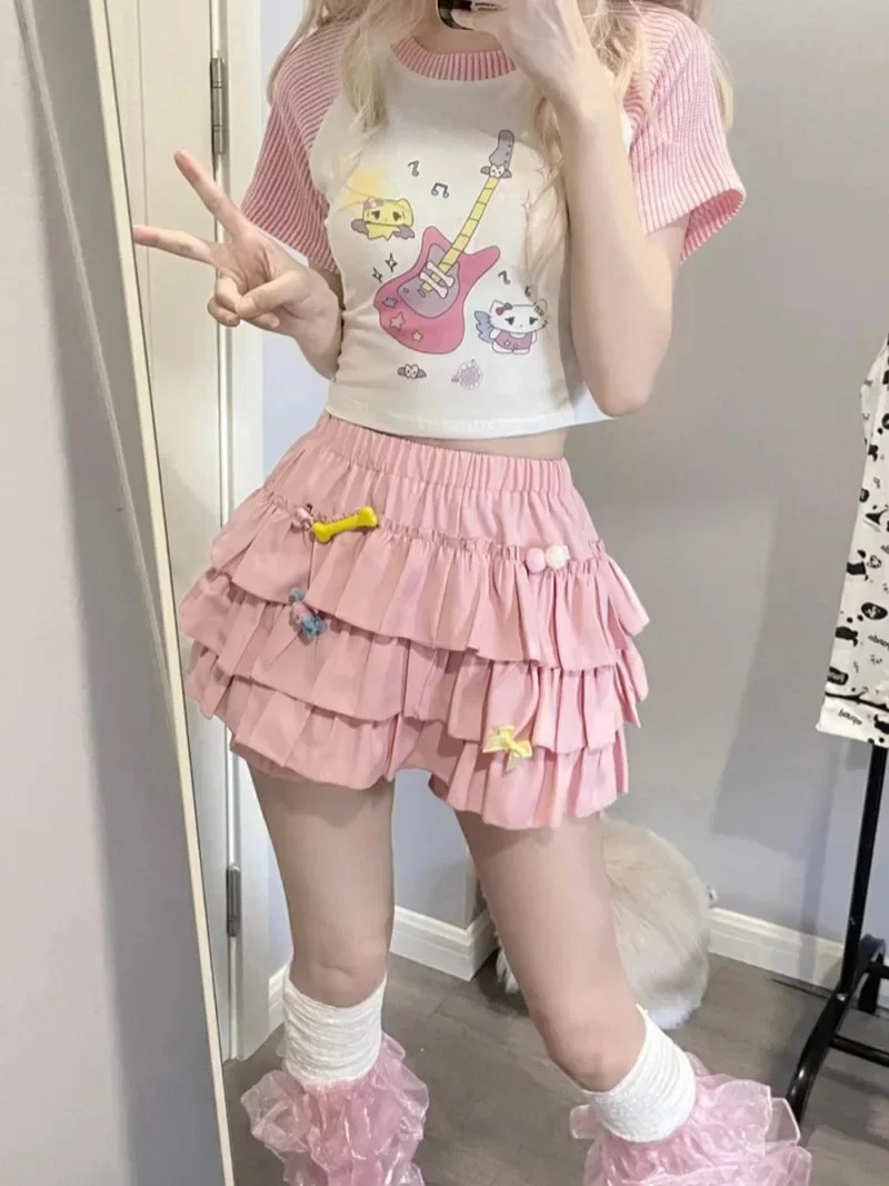 Mini spódniczka Pink White Kawaii Lolita Pumpkin Pants Ruffles Spódnica damska Preppy Emo Girl Krótka spódnica warstwowa Kobiety letnie ubrania