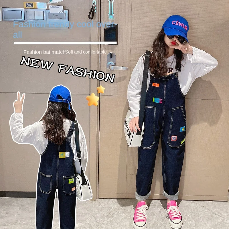 

Children's clothing spring and autumn new 2022 foreign style cool multi-standard one-piece stretch denim trousers