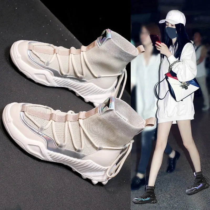 

Spring and Autumn new 2021 versatile sports shoes Korean woven stretch socks shoes women flat top casual fashion shoes women