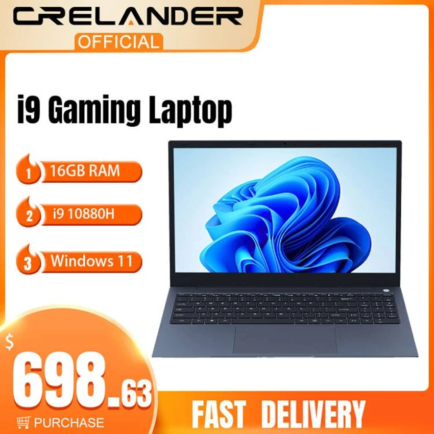 Ноутбук CRELANDER i9, 15,6 дюйма, процессор Core i9 10880H, 16 ГБ ОЗУ, игровой ноутбук на Windows 11, портативный ПК