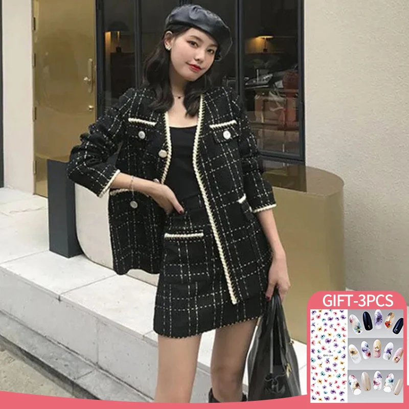 

Women Autumn Winter Warm Two Piece Outfits Autumn Winter Korean Style Short Woolen Tweed Jacket Coat & Bodycon Mini Plaid Skirt