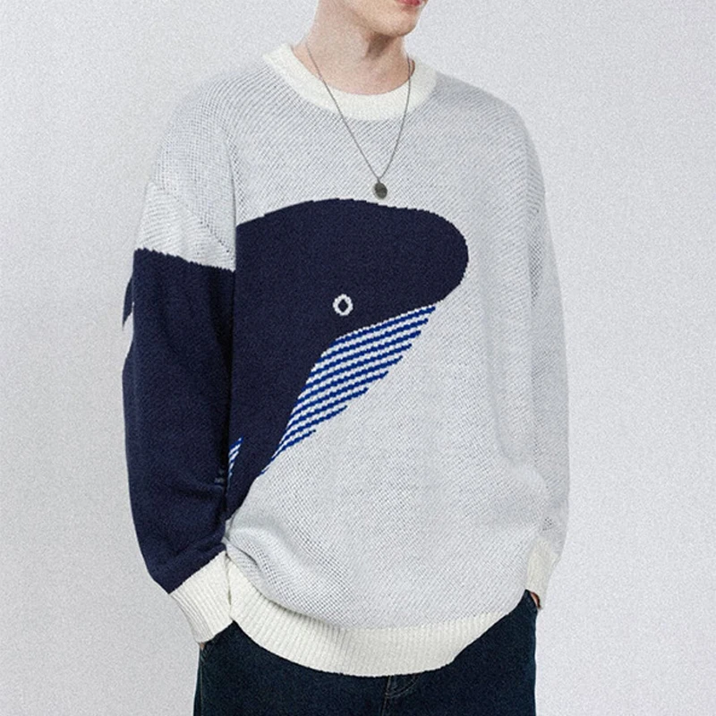 2024 осенне-зимний новый повседневный топ вязаный свитер Y2K с синим китом теплый
