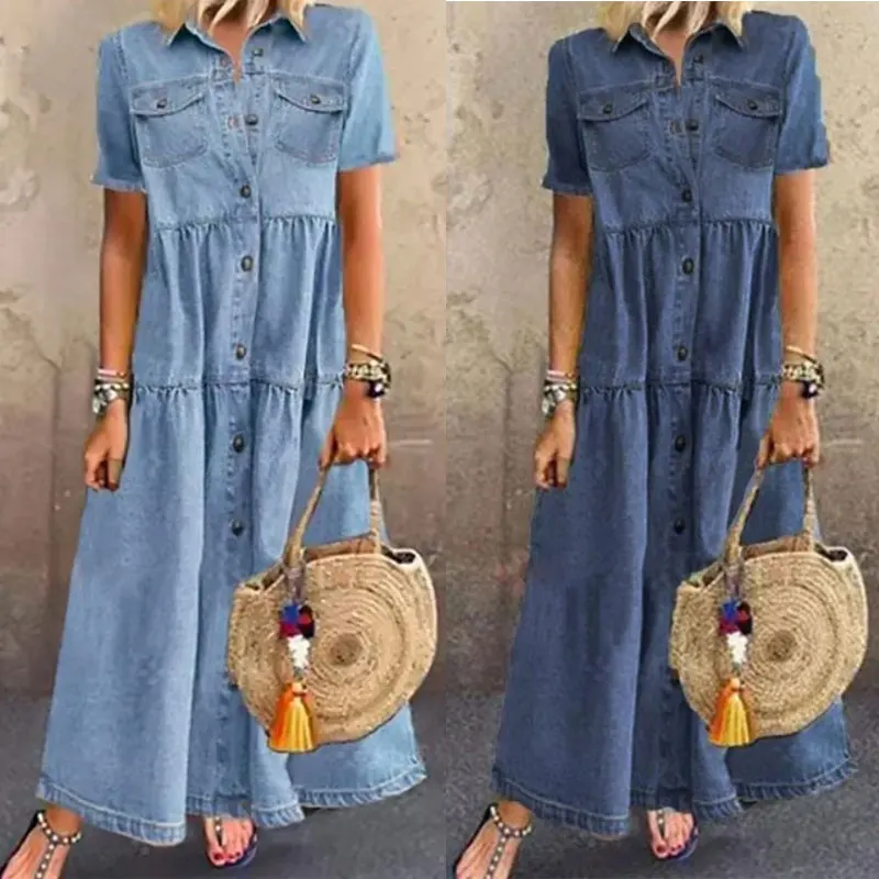 

Long Solid Mercerized Denim Pleated Short Sleeve Shirt Dress 2022 Fashion New Style Summer Splicing Cardigan Vintage Long Dress