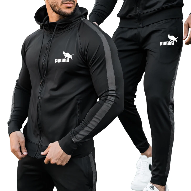 Autumn and winter men's casual fitness hair clothes men's color matching trendy hoodie sports pants suit