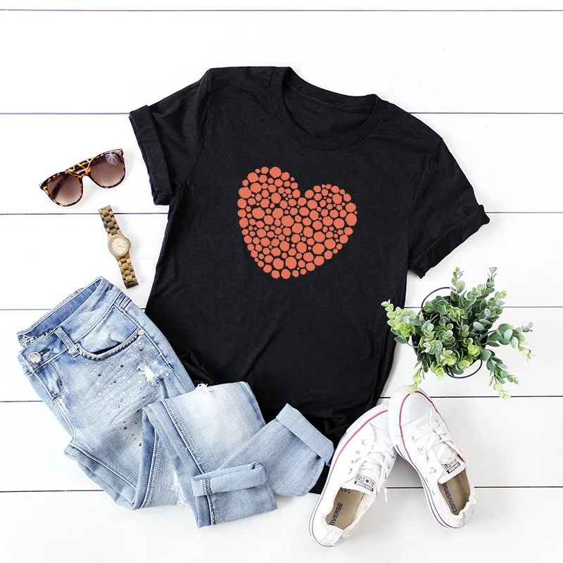

Beautiful dress heart-shaped love loose round-necked short-sleeved T-shirt gray22