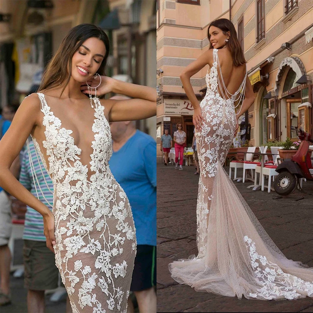 

Sexy Backless Mermaid Wedding Dress For Women Lace Appliques Deep V Neck Luxury Beading Bridal Gowns Sweep Train Robe De Mariee