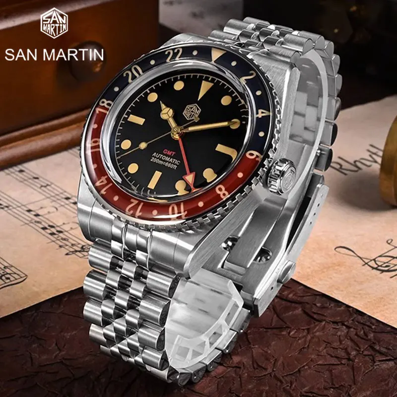 

San Martin Vintage GMT Men Watch Ceramic Bezel Sapphire Waterproof 200M HangZhou 6460 Automatic Mechanical Diver Wristwatch