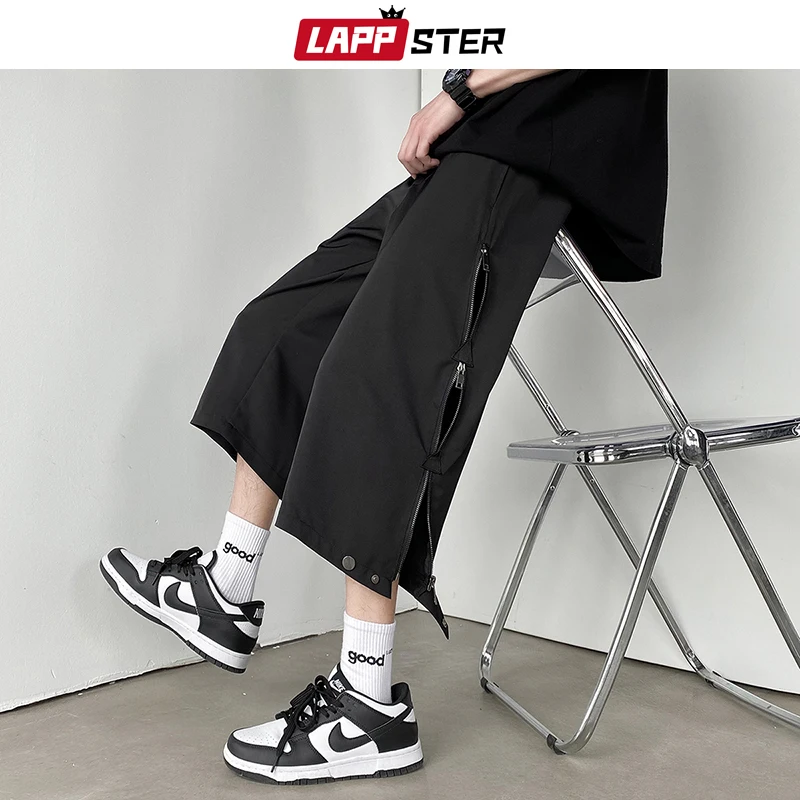 

LAPPSTER Baggy Zipper Cropped Trousers 2023 Summer Men Korean Fashions Streetwear Joggers Designer Casual Wide Leg Sweatpants