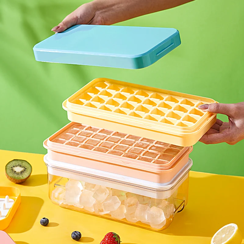 

32/64 Grid Ice Cube Tray with Lid and Bin Press Silicone Ice Cube Maker Mold Ice Mould Box for Bar Gadget Kitchen Accessories