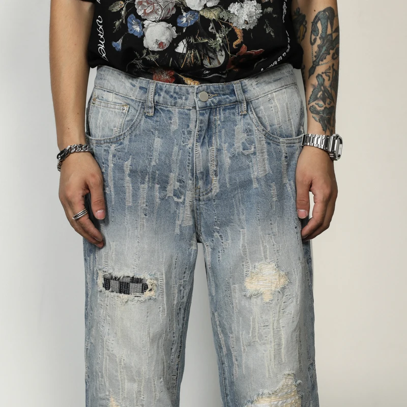 Four Seasons Men's European and American High Street American Trend Jeans Straight Trousers Fashion Streetwear Ins Hot Sale MEN