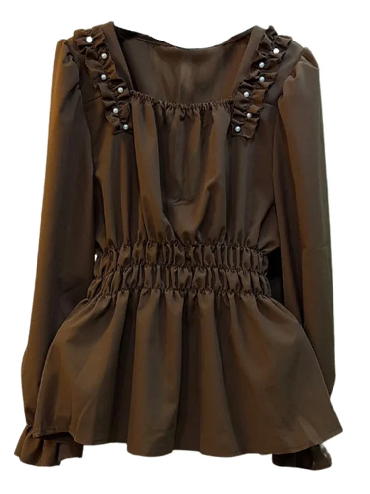 Блузка женская однотонная с квадратным вырезом и рукавами-фонариками