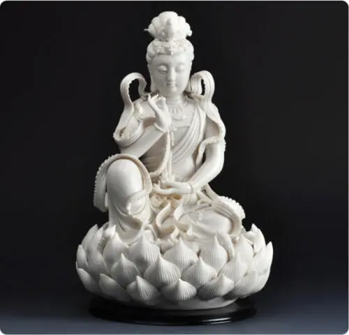 

12" Chinese Dehua White Porcelain Guan Yin Kwan-yin Guanyin Buddha Lotus Statue