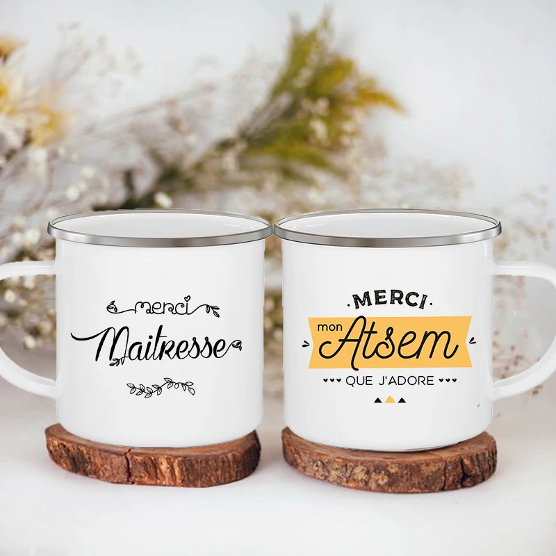 

Merci Maîtresse/Atsem Print Coffee Mug Creative Enamel Cups Drinks Water Milk Cup Mug School Home Handle Drinkware Teacher Gifts