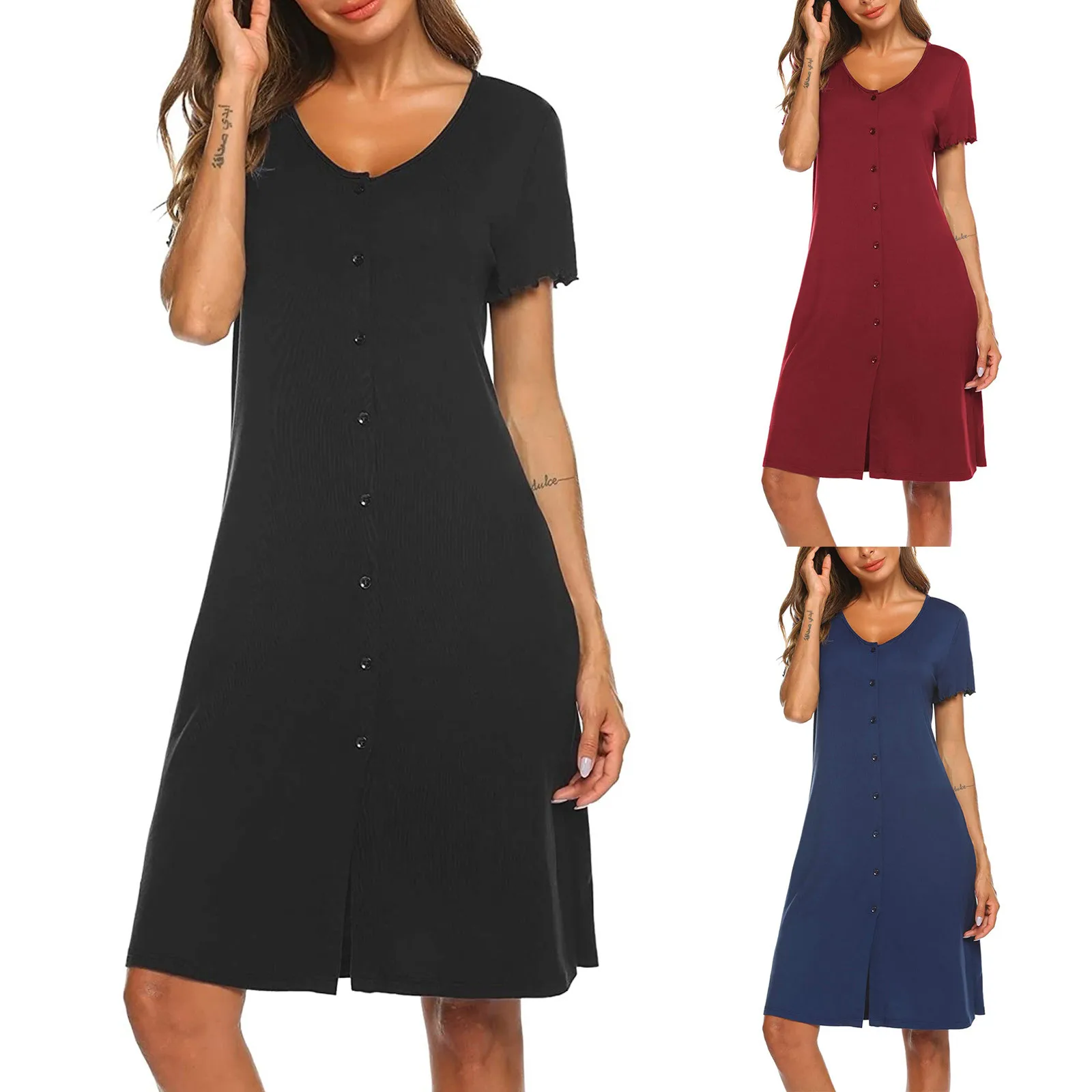 

2022 Fashion O-Neck Solid Buttons Short Sleeve Pregnant Woman Dress Maternity Dress Maternity Clothes Clothes for Pregnant Women
