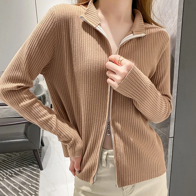 

Women's Cardigan Half Turtleneck Double Zipper Spring Summer New Fashion Jacket Knitted Sweater Net Red Slim All-match Sweat