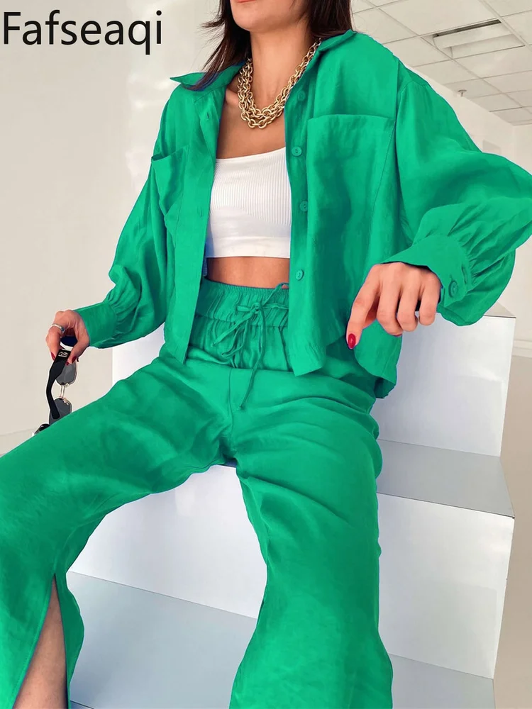 

Women's Two-piece Suit with Wide Trousers Summer Green Shirt Elegant Outfits Pants and Top Chic Black Tracksuit Female Pantssuit