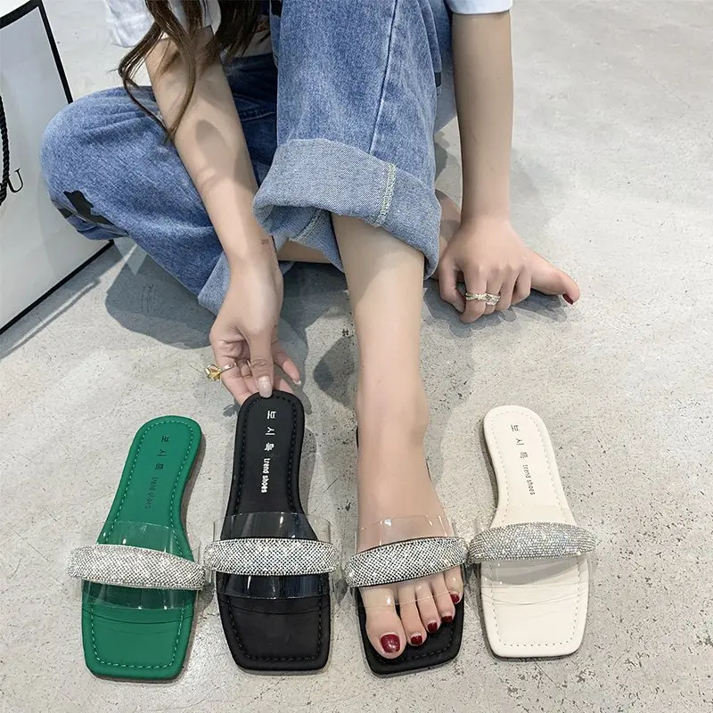 Glitter Slides Slippers Women Summer Beach Shoes Fashion Pantofle Jelly Sabot Flat Luxury 2022 Rome Crystal Fabric PU Basic