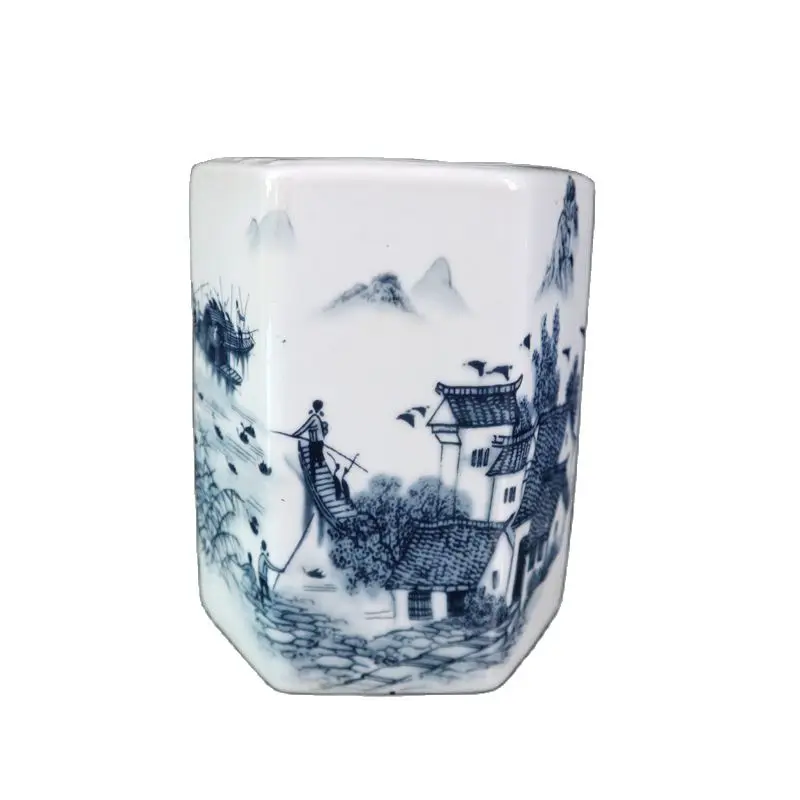 

Китайский шестигранный держатель для ручек с изображением старого фарфора синего и белого ландшафта