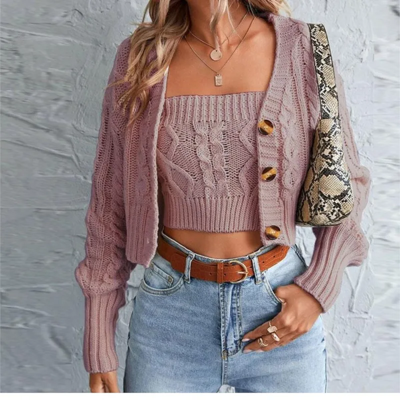

Autumn/Winter New Comfortable Leisure Commuter Button Long Sleeve Female Slim Fit Solid Color Two Piece Knitted Cardigan Female