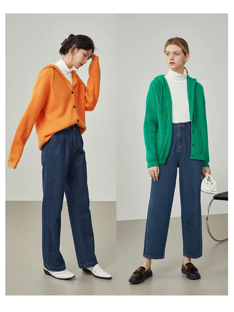 Женский зимний зеленый Повседневный вязаный кардиган FSLE с капюшоном желтый