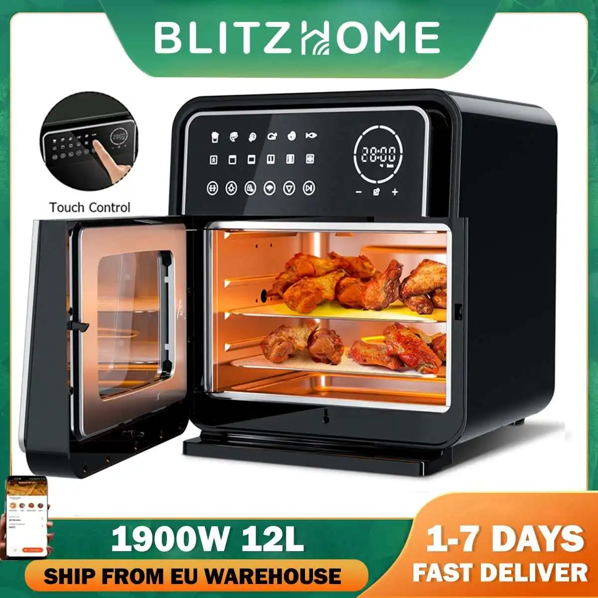 BlitzHome 12L 13QT Electric Air Fryer Oven Toaster Rotisserie Dehydrator LED Touchscreen Large Capacity Chicken Frying Machine