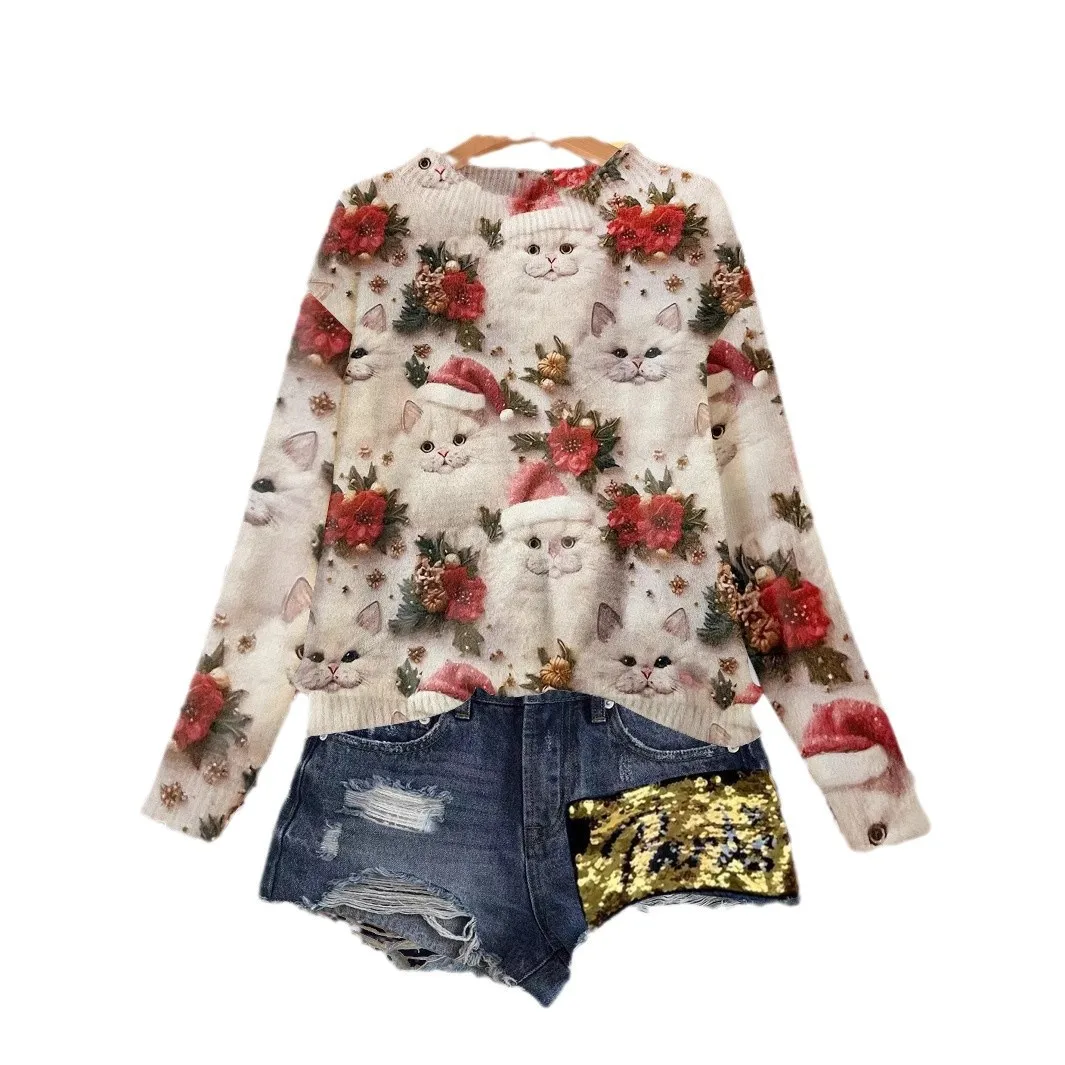 Рождественский вязаный пуловер с котом свитер для женщин круглый вырез длинный