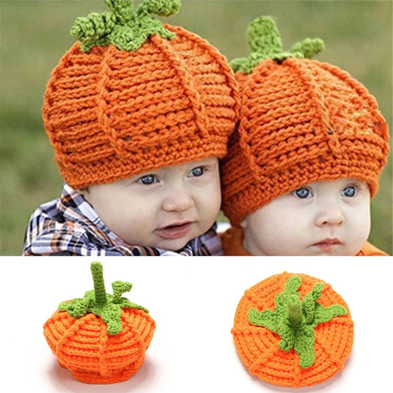 

Gift For Winter Warm Children Hat Pumpkin Shape Kids Festival Autumn Halloween Cartoon Caps Orange Knitted Crochet Baby Hats New