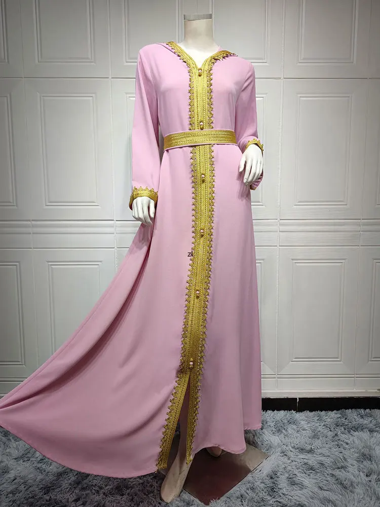 Djellaba Hooded Abaya Lace Trimmed Cotton Arabian Long Dress Dubai Saudi Gulf Jalabiya Elegant Women Muslim Modest Kaftan Pink