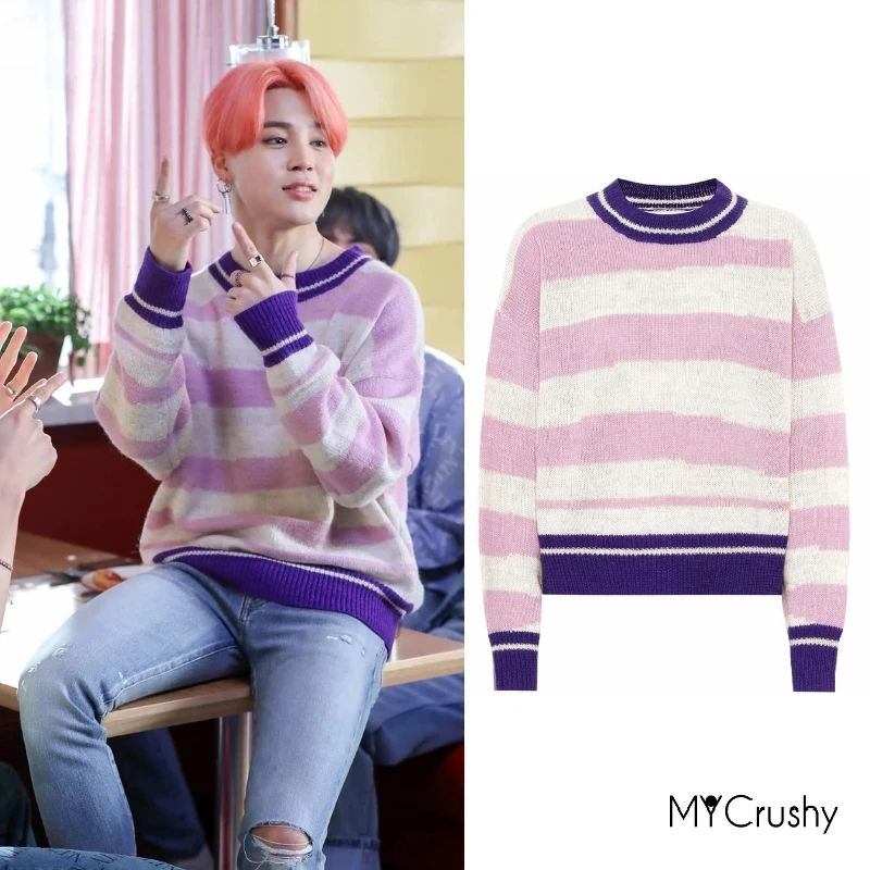 

2022 Kpop JiMin Same Clothes Merch Sweaters Long Sleeve Crew Neck Color Striped Oversized Knitted Pullover Tops Textured Jumper