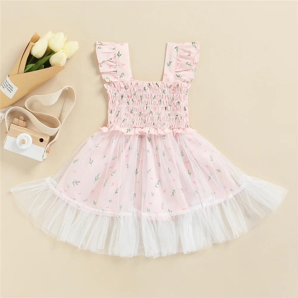 

6-36 Months Toddlers Baby Girls Summer Sleeveless Dress Kids Floral Print Wide Strap Dress Patchwork Mesh Tulle Princess Dress
