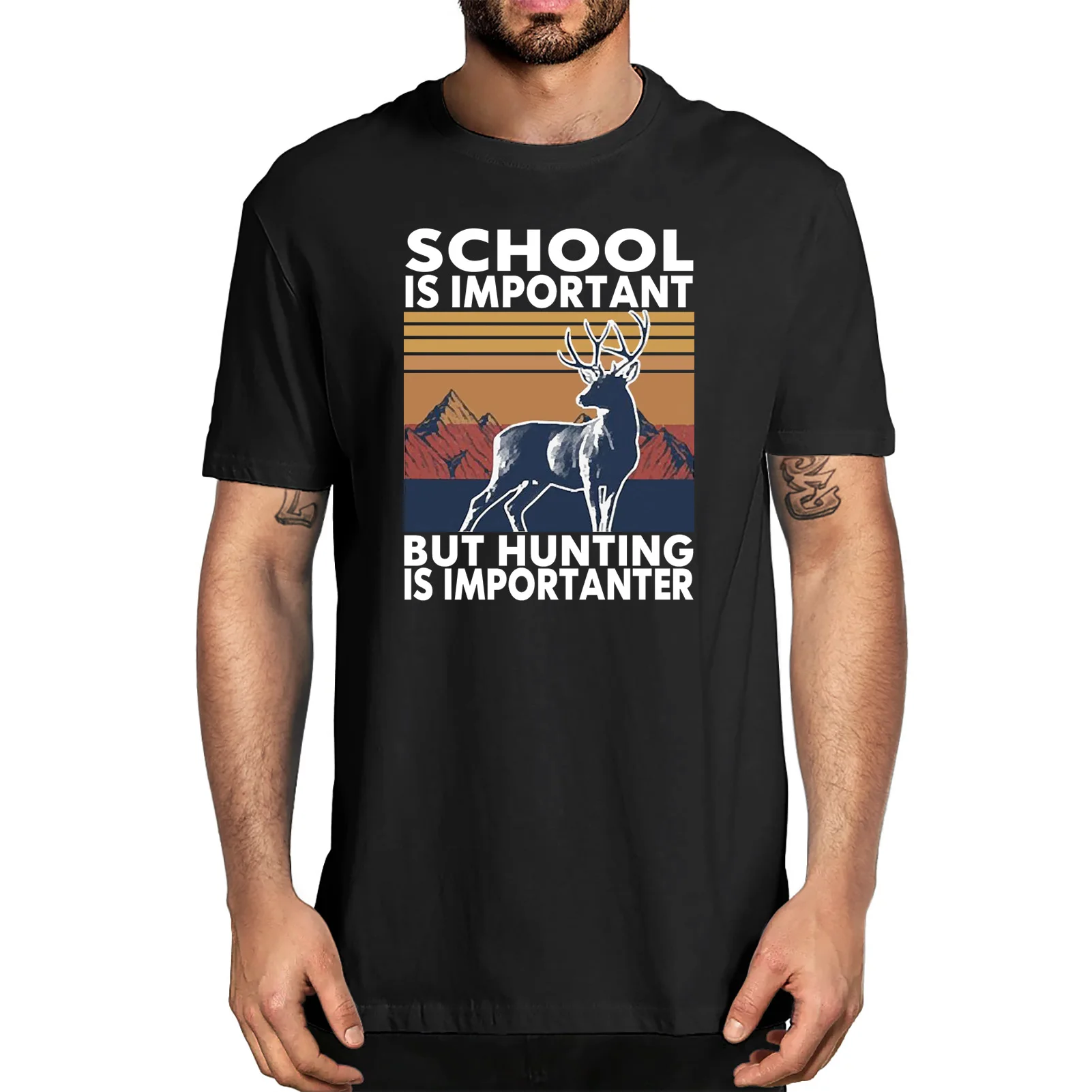 

Unisex Retro Deer Hunting School Is Important But Hunting Is Importanter Summer Men's 100% Cotton T-Shirt Funny Women Tee Gift