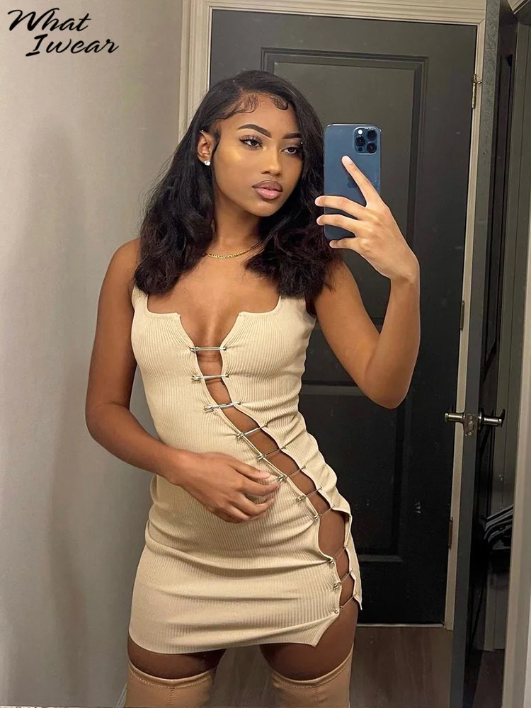 

Whatiwear Rivet Tie Up Mini Dress Women Fashion Unique Irregular Shape Street Style Skirt Solid Sleeveless Sexy Cleavage Wear