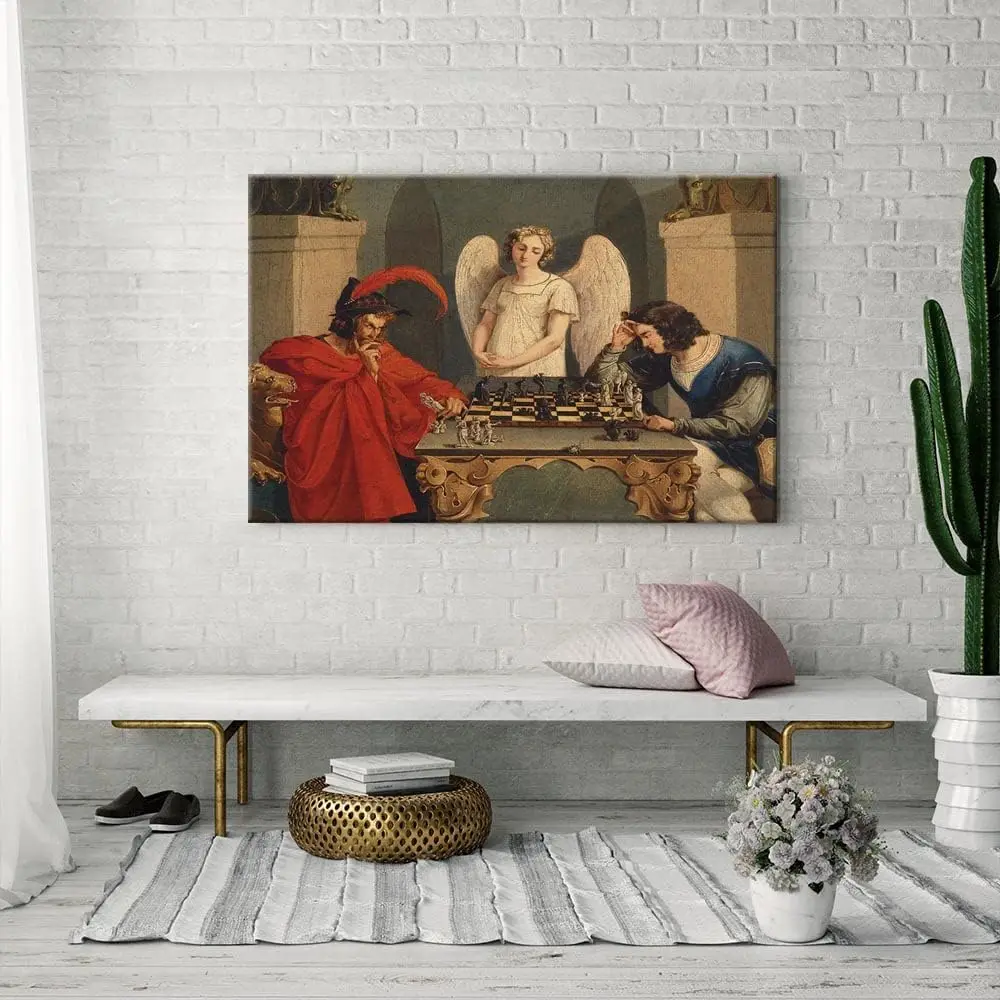 Фото IUHYVMSM винтажный плакат Faust And Mephistopheles Playing Chess, холст, настенное искусство, классический винтажный настенный декор для спальни №4