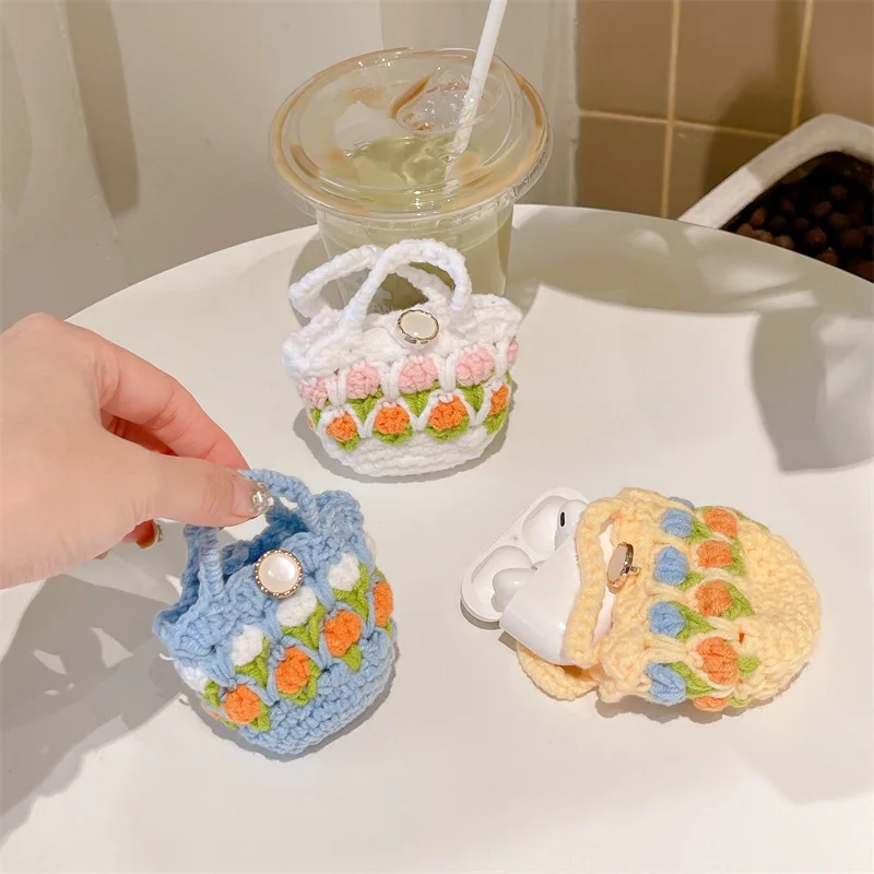 

Woolen Knitted Tulips Case for AirPods Pro2 Airpod Pro 1 2 3 Bluetooth Earbuds Charging Box Protective Earphone Case Cover