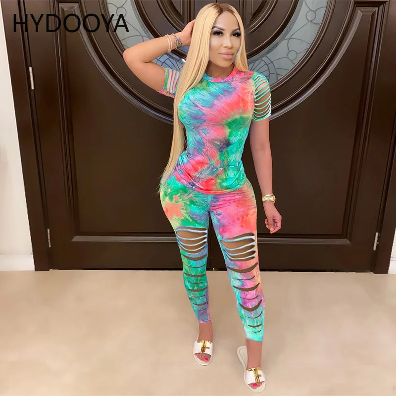 

2022 Spring Summer Women Tie Dye Sports Clothing Sets Lady Pullover Short Sleeve O Neck T Shirt Top+High Waist Hollow Pants Suit