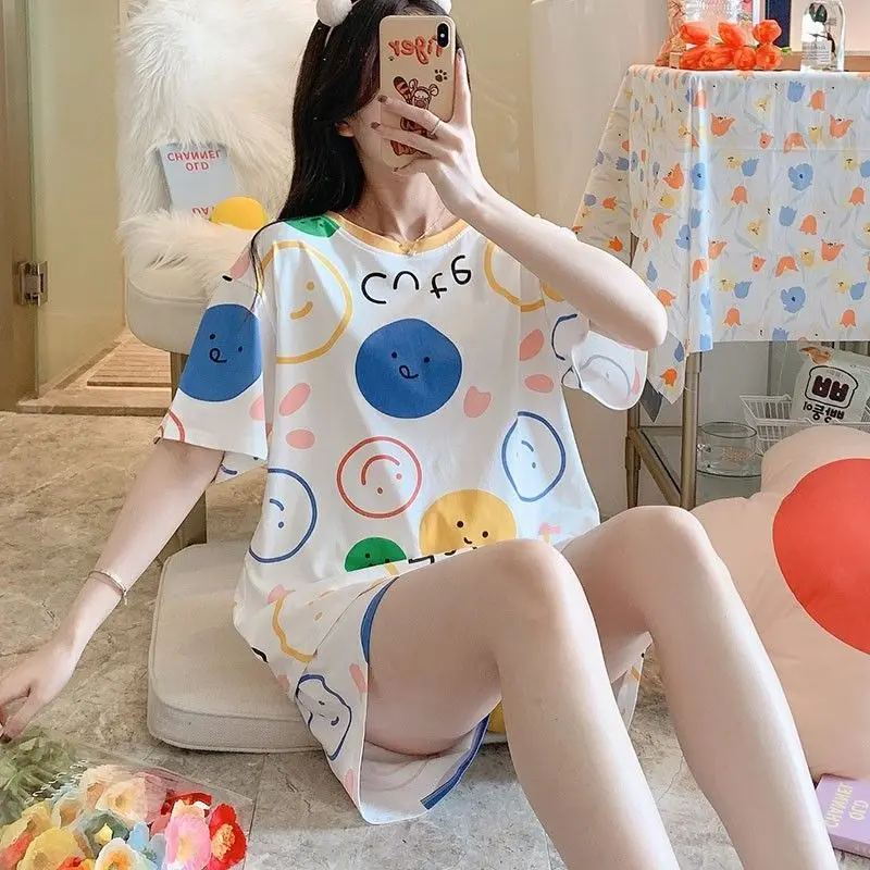 Women Pajama Sets Loose Casual Short Sleeve Cartoon Kawaii O-neck Cotton Cozy Soft High Elastic Waist Ulzzang Female Sleepwear