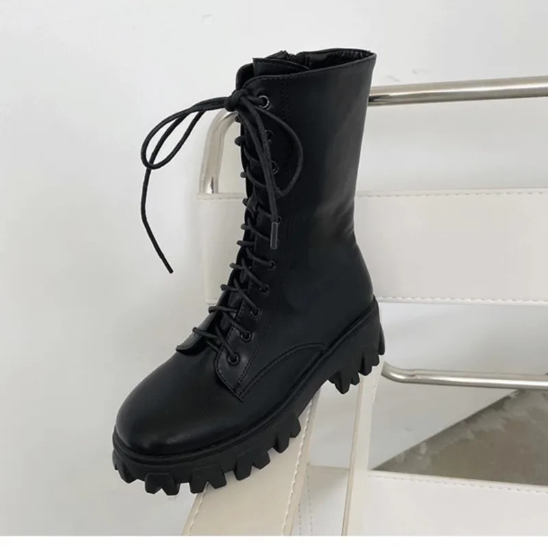 Women Mid Calf Boots Autumn Winter Boots Woman Fashion Lace-up Ladies Chelsea Zipper Botas Mujer Platform Heel Ladies Shoes