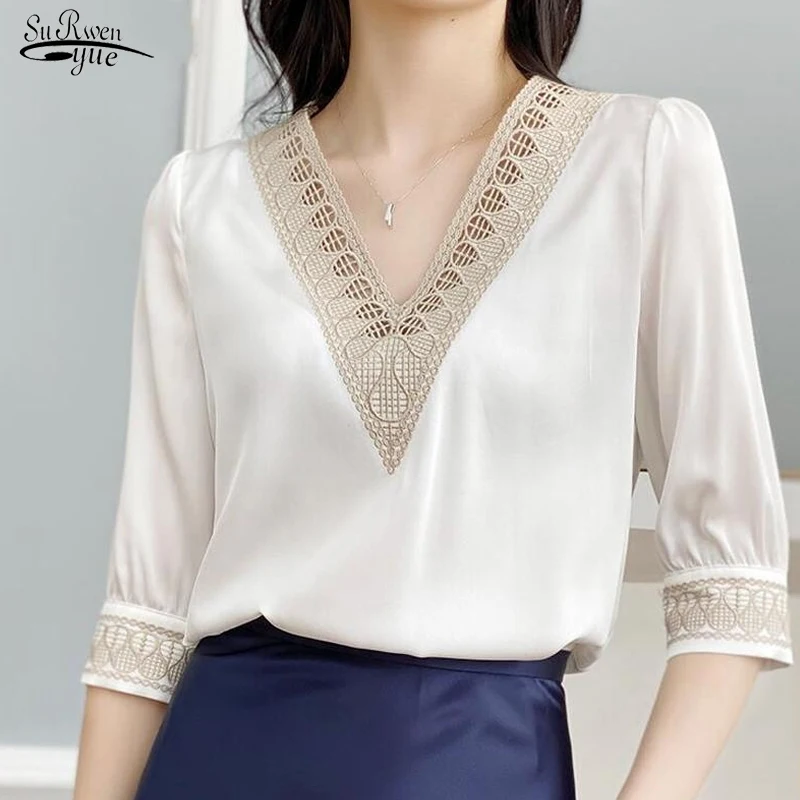 

Summer V-neck Half Sleeve Satin Blouse Fashion Office Lady Clothes Elegant White Silk Shirt Hollow Embroidery Women Tops 21536