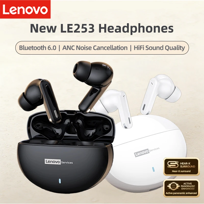 Фото Новые беспроводные наушники Lenovo LE253 TWS Bluetooth 6.0, HiFi-звук, шумоподавление ANC, для игр, звонков, спорта, с микрофоном №1
