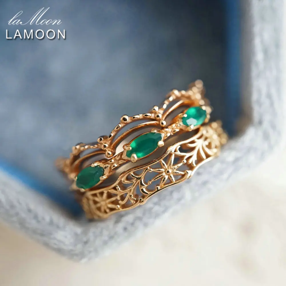 LAMOON Vintage Natural Gemstone Ring Sets For Women Labradorite Agate Rings 925 Sterling Silver Gold Plated Retro Court Jewelry