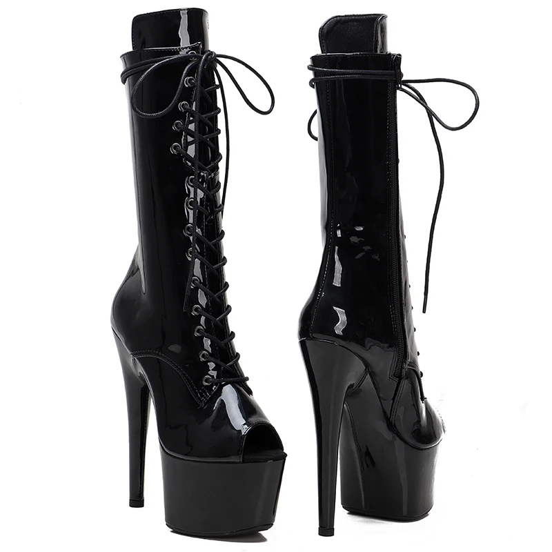 Leecabe  17CM/7inches Patent PU  Pole dancing shoes High Heel platform Boots Open toe Pole Dance boots