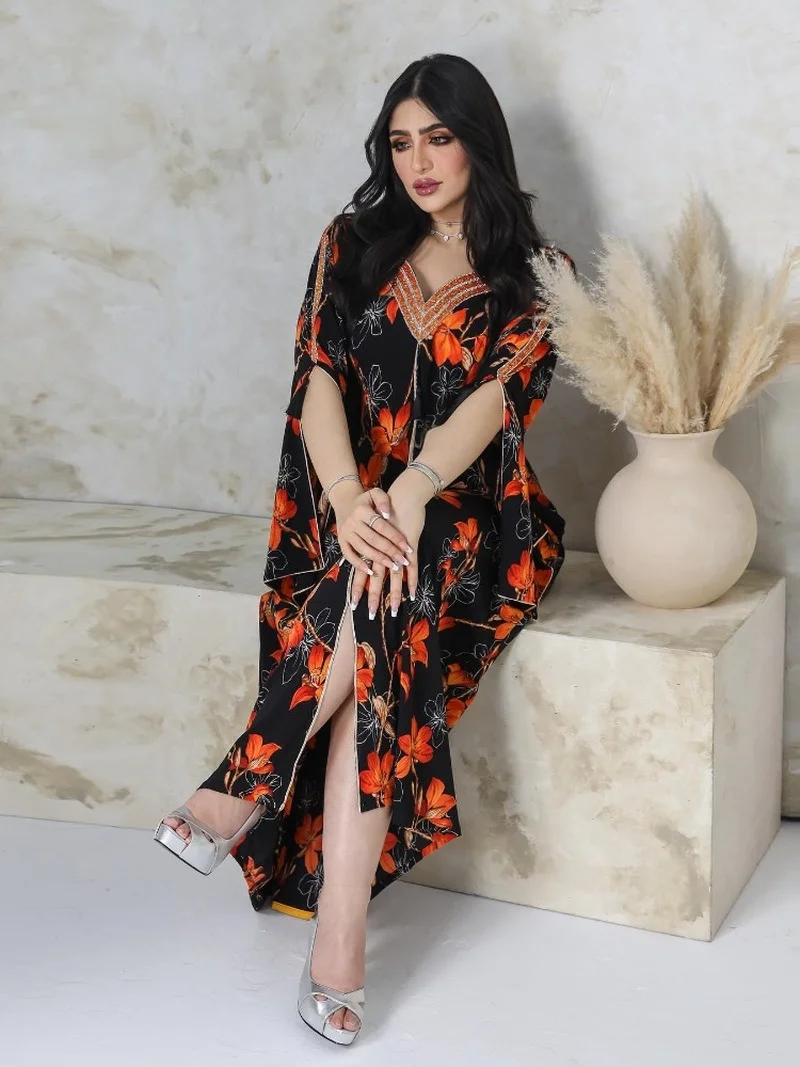 Autumn Dresses Women Muslim Abaya 2022 V-Neck Split Sleeve Print Rhinestone Beaded Morrocan Kaftan Party Dress Muslim Clothing